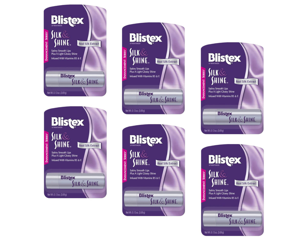 Blistex Silk and Shine lip moisturizer pack front showing six tubes for silky hydration.