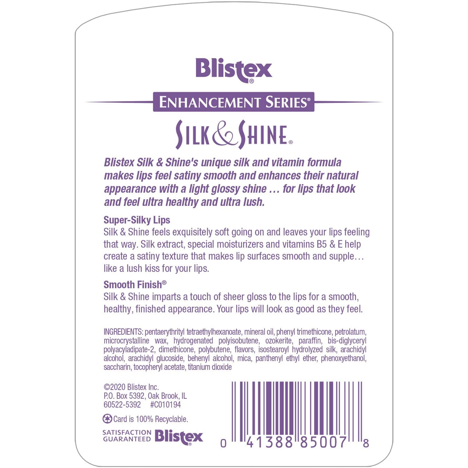 Blistex Silk and Shine lip moisturizer tube closeup highlights smooth application and soft gloss.