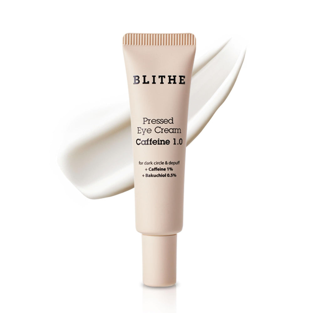 BLITHE caffeine eye serum bottle close-up showing smooth brightening formula