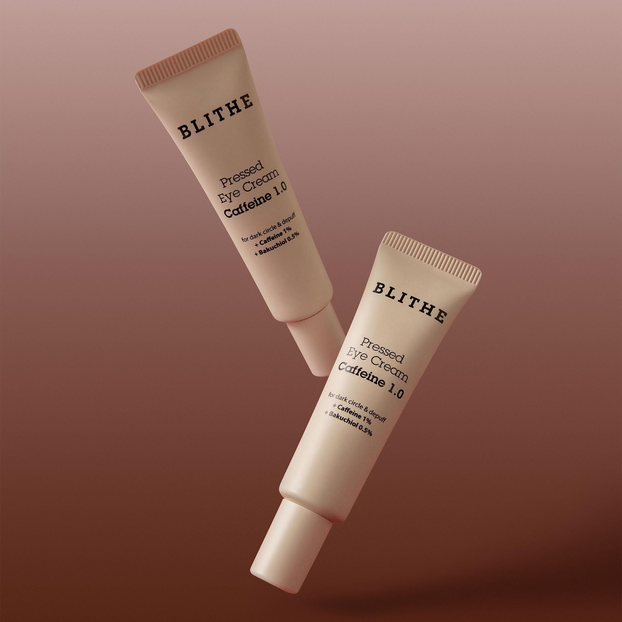 BLITHE caffeine eye serum packaging and label emphasizing safety and dermatologist-tested