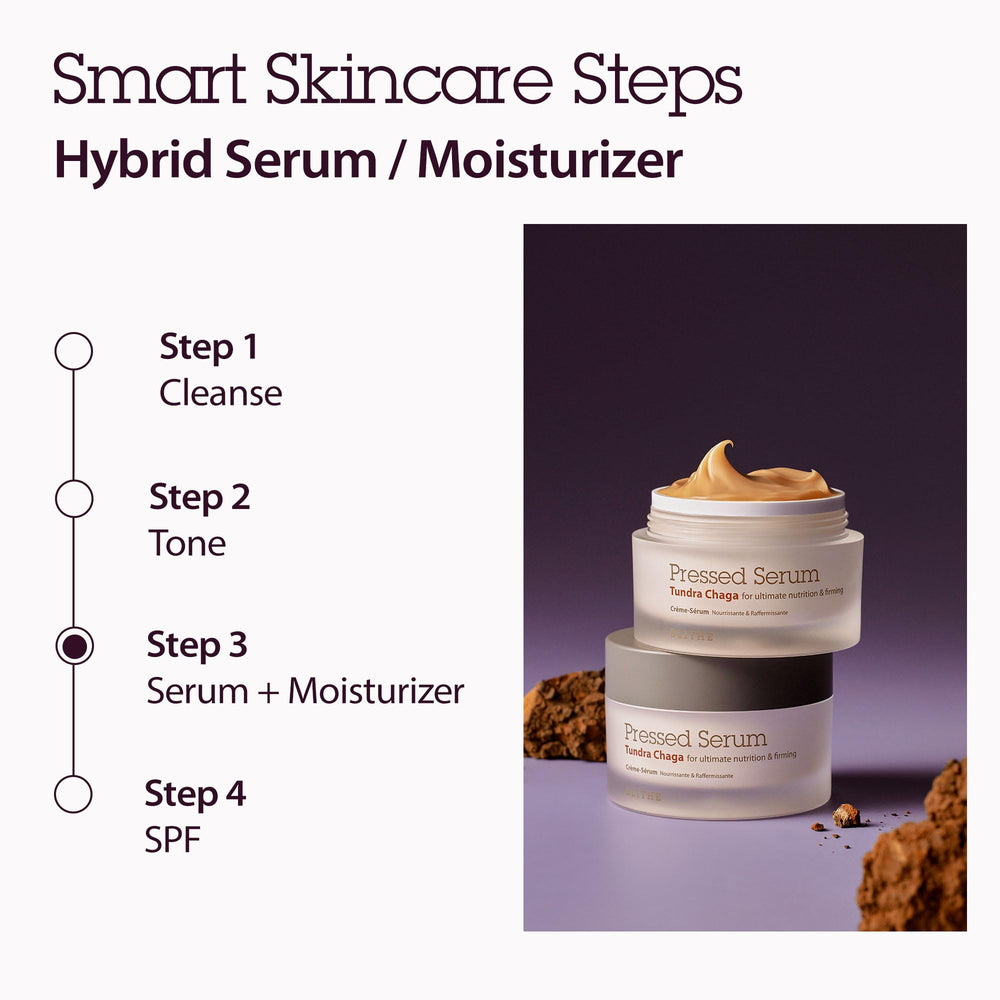 BLITHE pressed serum tundra chaga spread on skin demonstrates smoothing effect.
