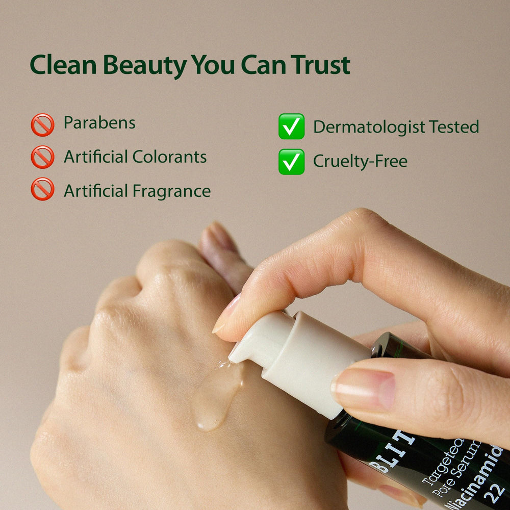 BLITHE serum applied to skin during morning routine for oil control.