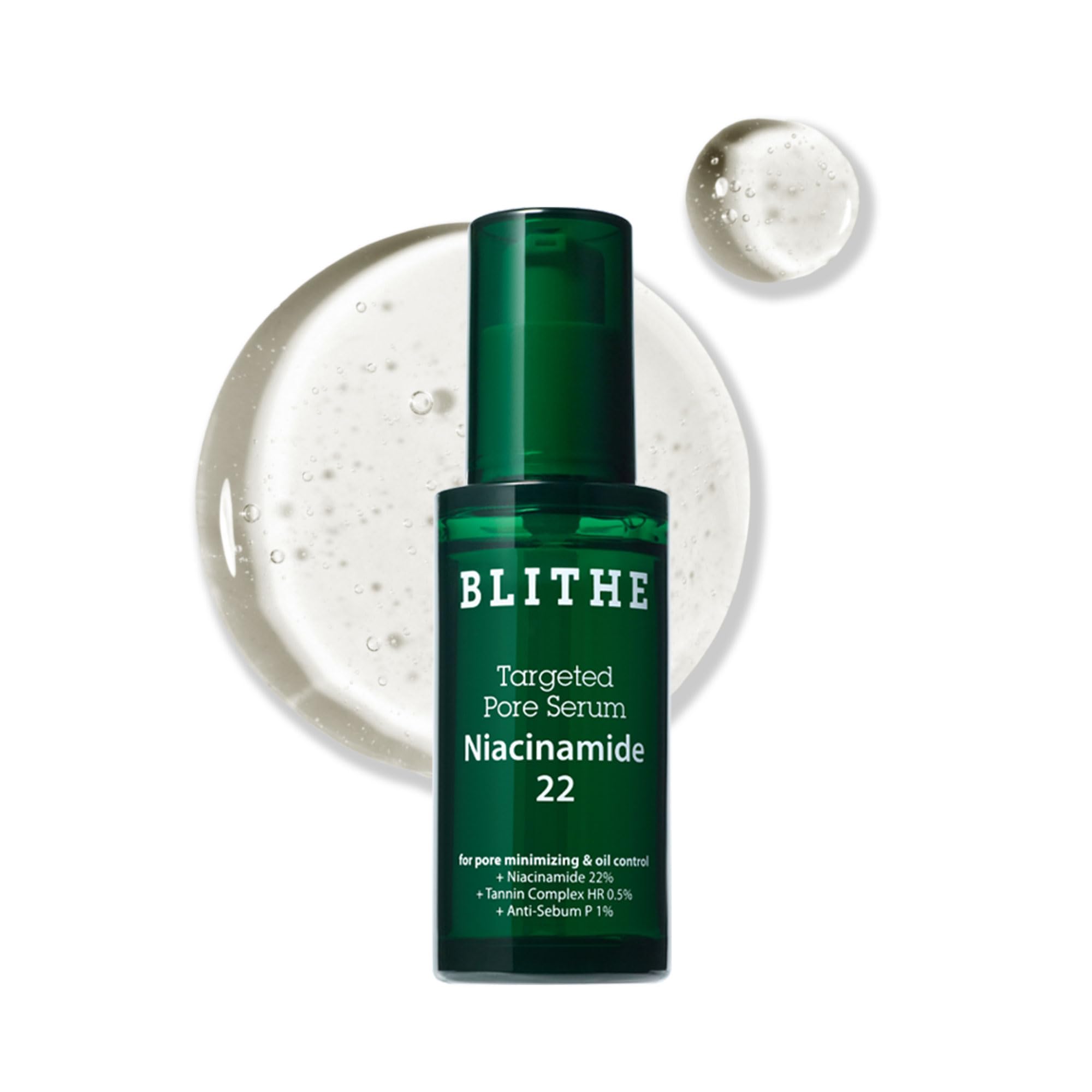 BLITHE Targeted Pore Serum bottle showing 22% niacinamide for even tone and refined pores.