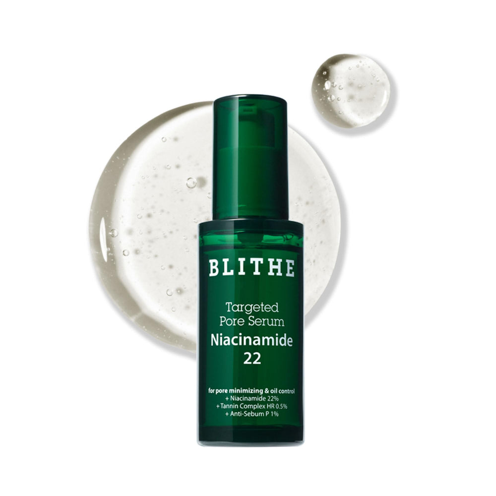 BLITHE Targeted Pore Serum bottle showing 22% niacinamide for even tone and refined pores.