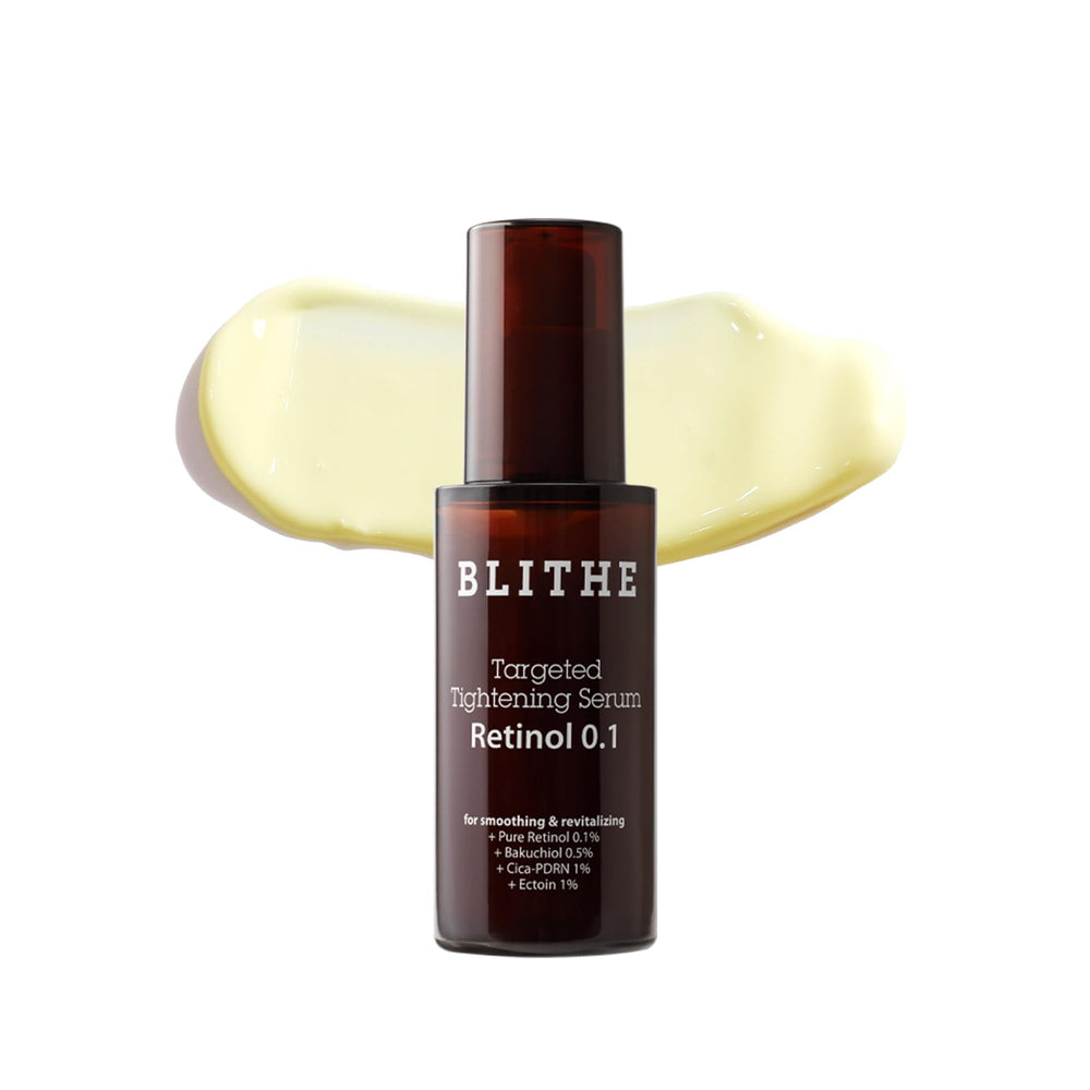 BLITHE Targeted Tightening Retinol 0.1 Serum bottle shows sleek packaging for daily use.