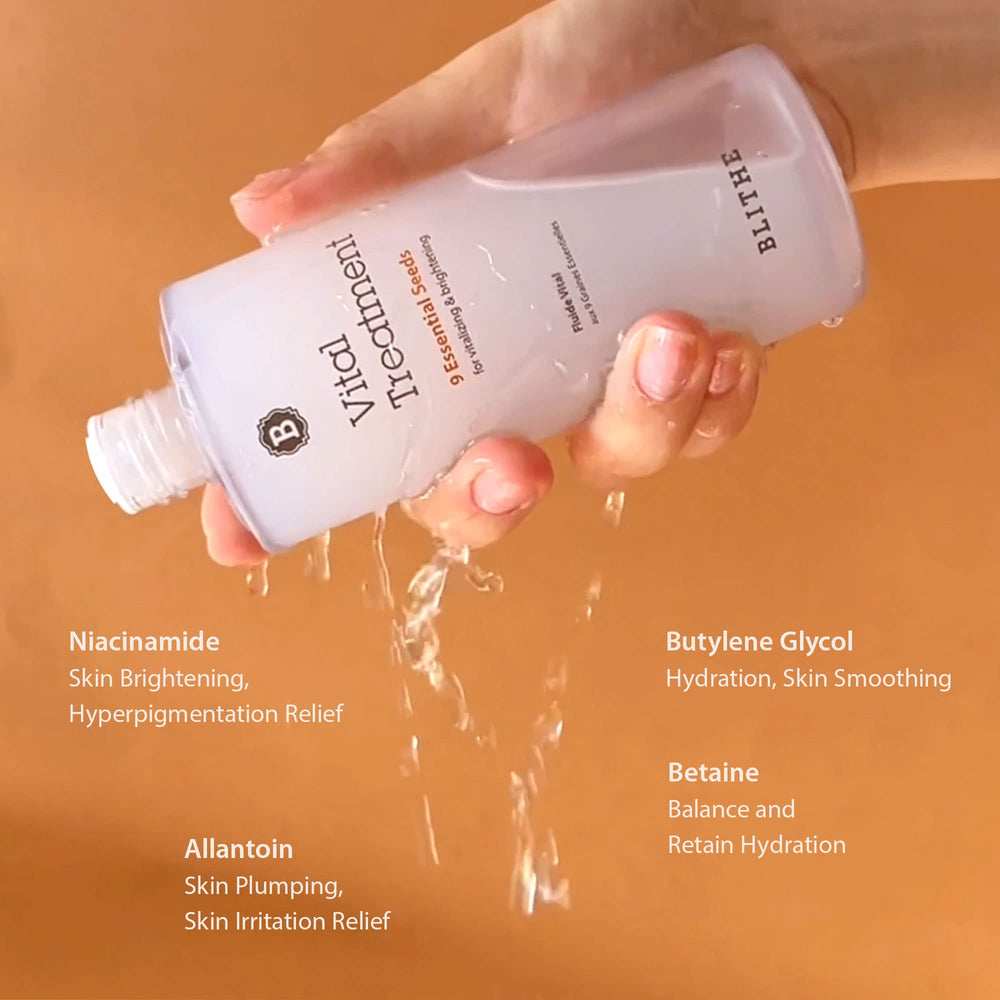 BLITHE Vital Treatment ingredients highlight green tea extract and seed blends.