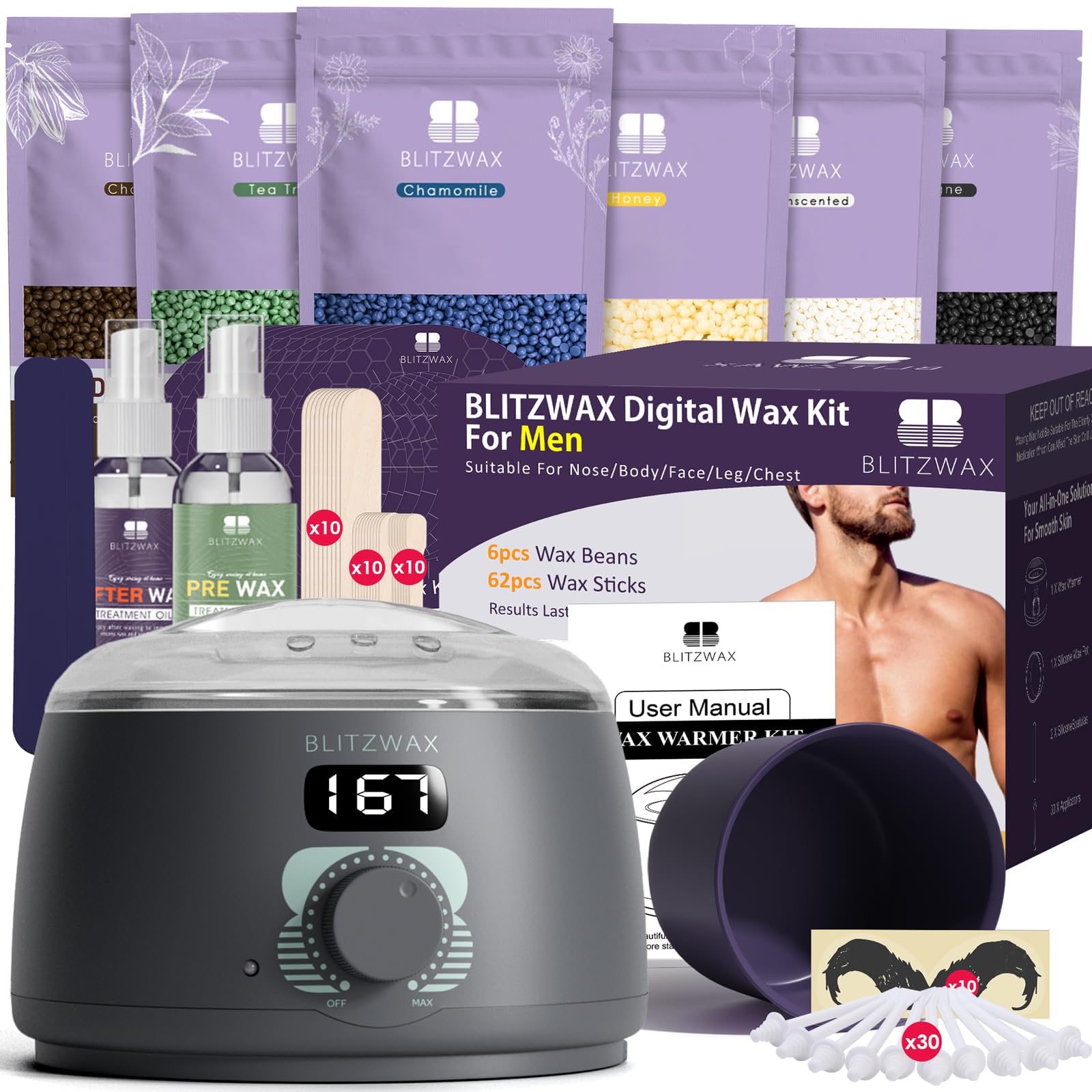 BLITZWAX back and nose waxing kit for at-home use with organized accessories