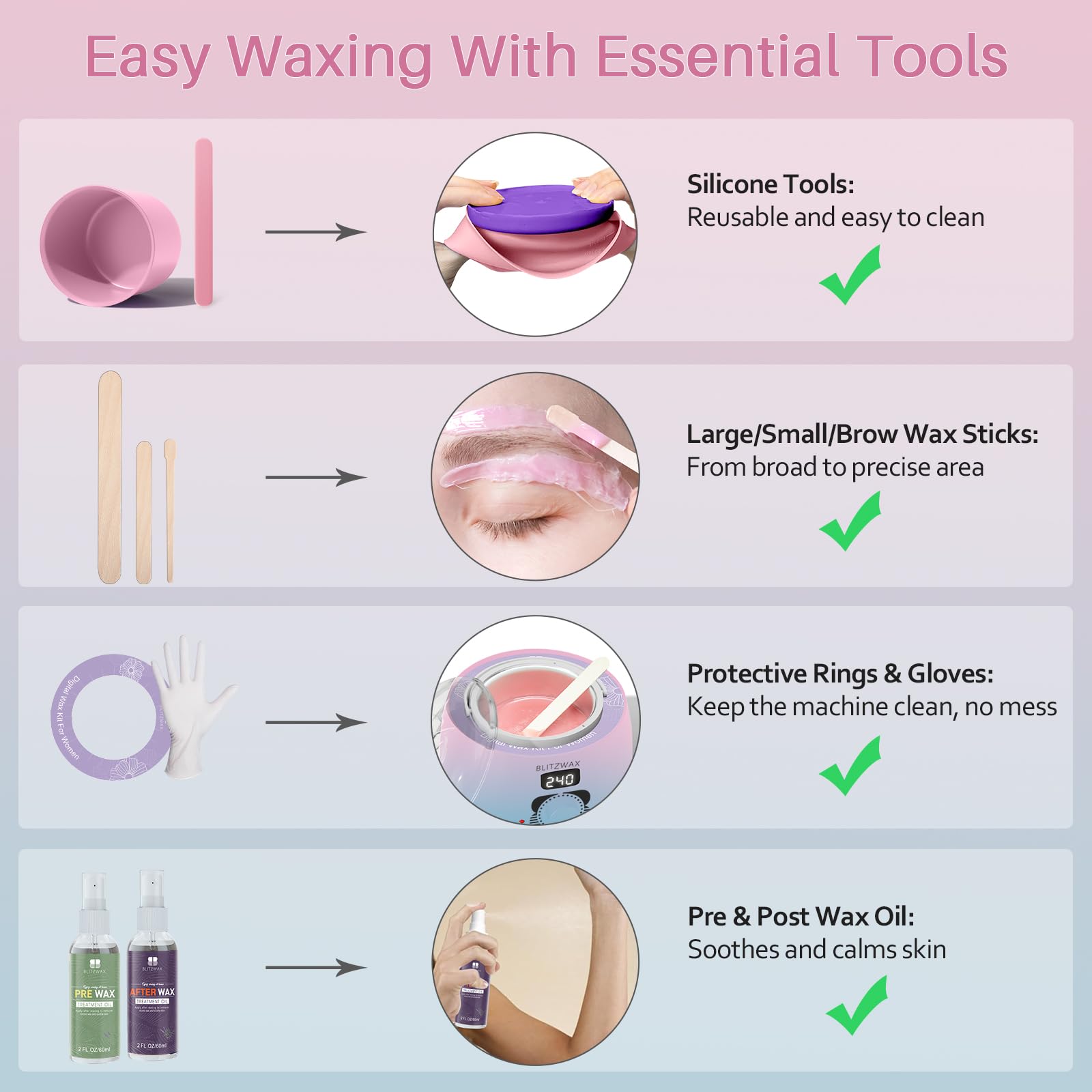 BLITZWAX face waxing demonstrates safe, delicate use for facial skin.