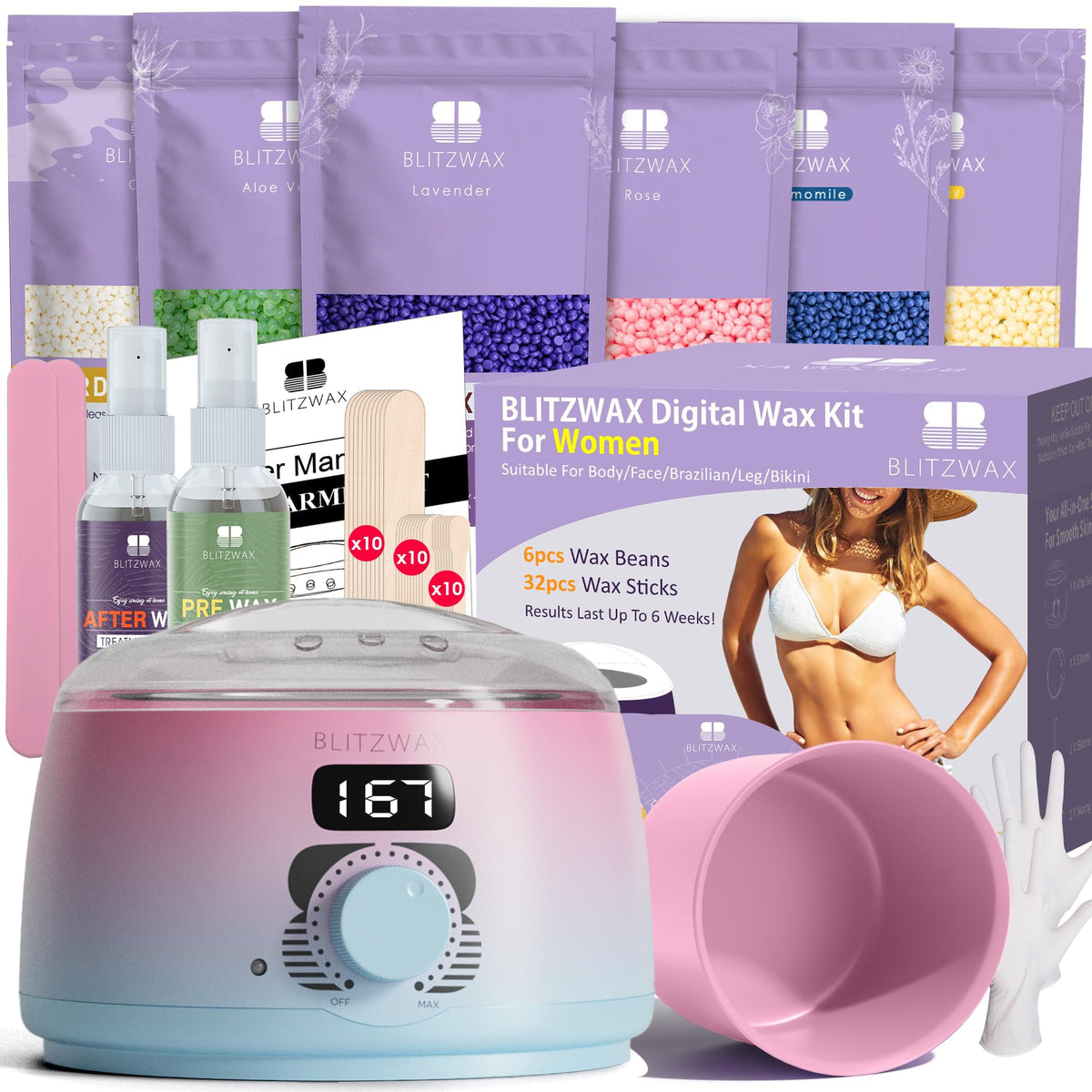 BLITZWAX Brazilian bikini waxing kit front view for convenient at-home use.