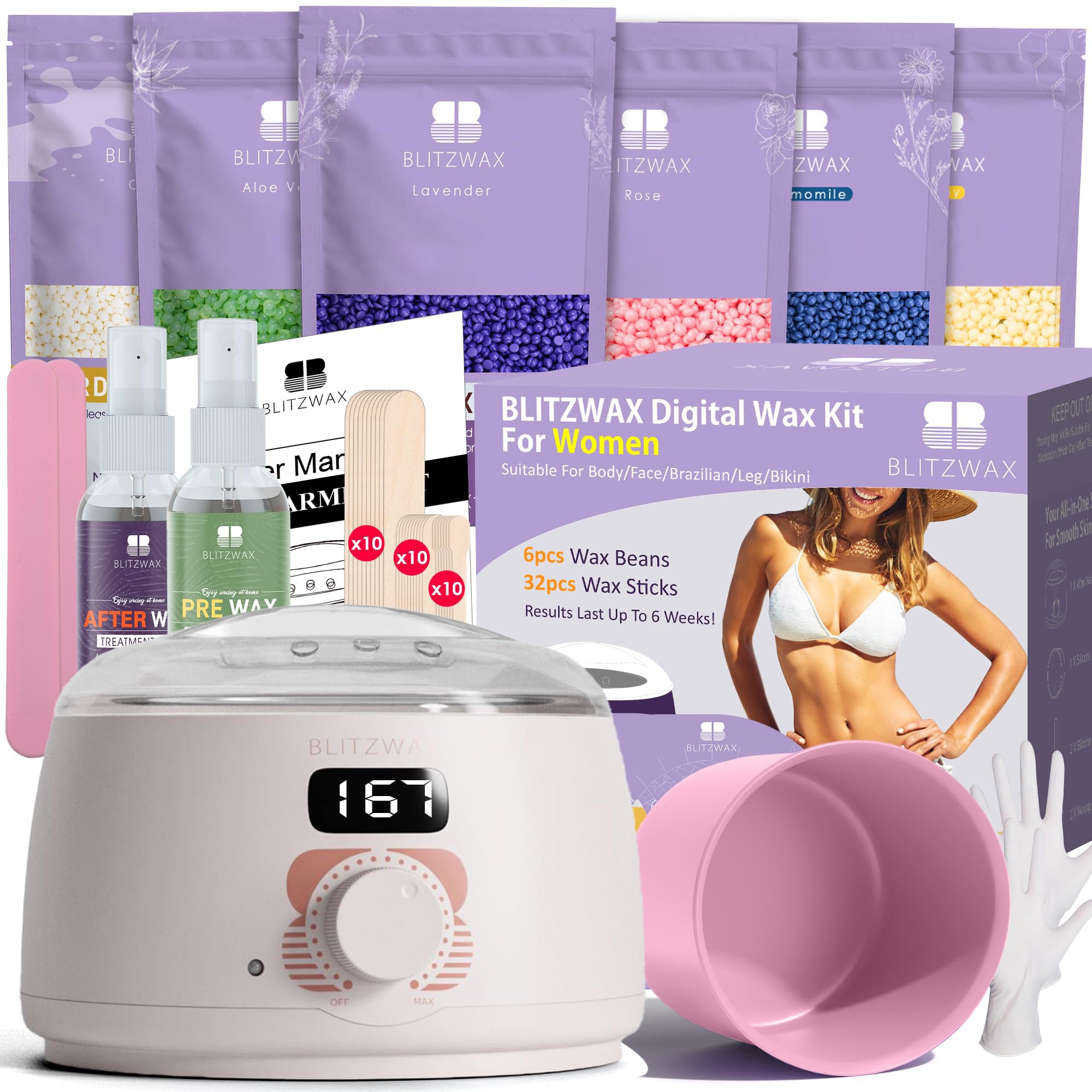 BLITZWAX Brazilian waxing kit with rose quartz warmer for stylish at-home waxing.