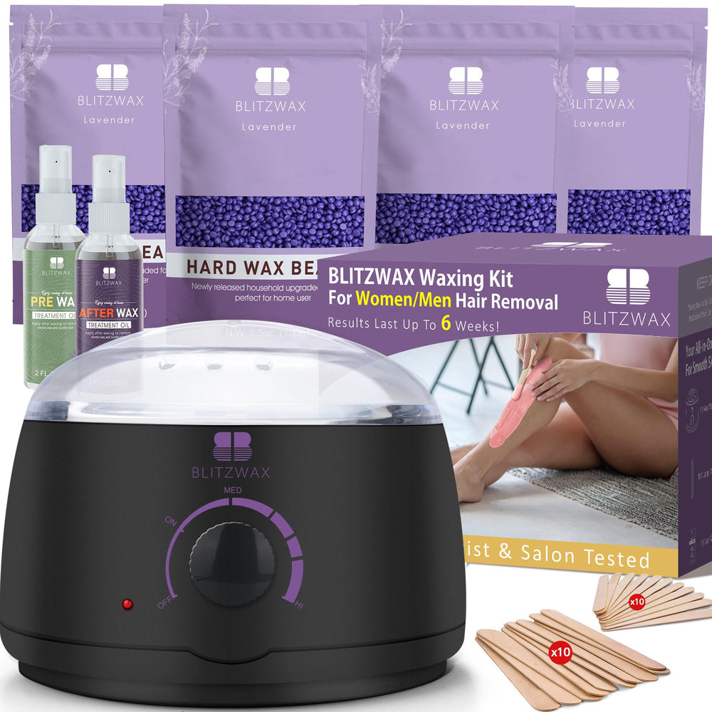 BLITZWAX Brazilian wax beads lavender for gentle hair removal with soothing scent.