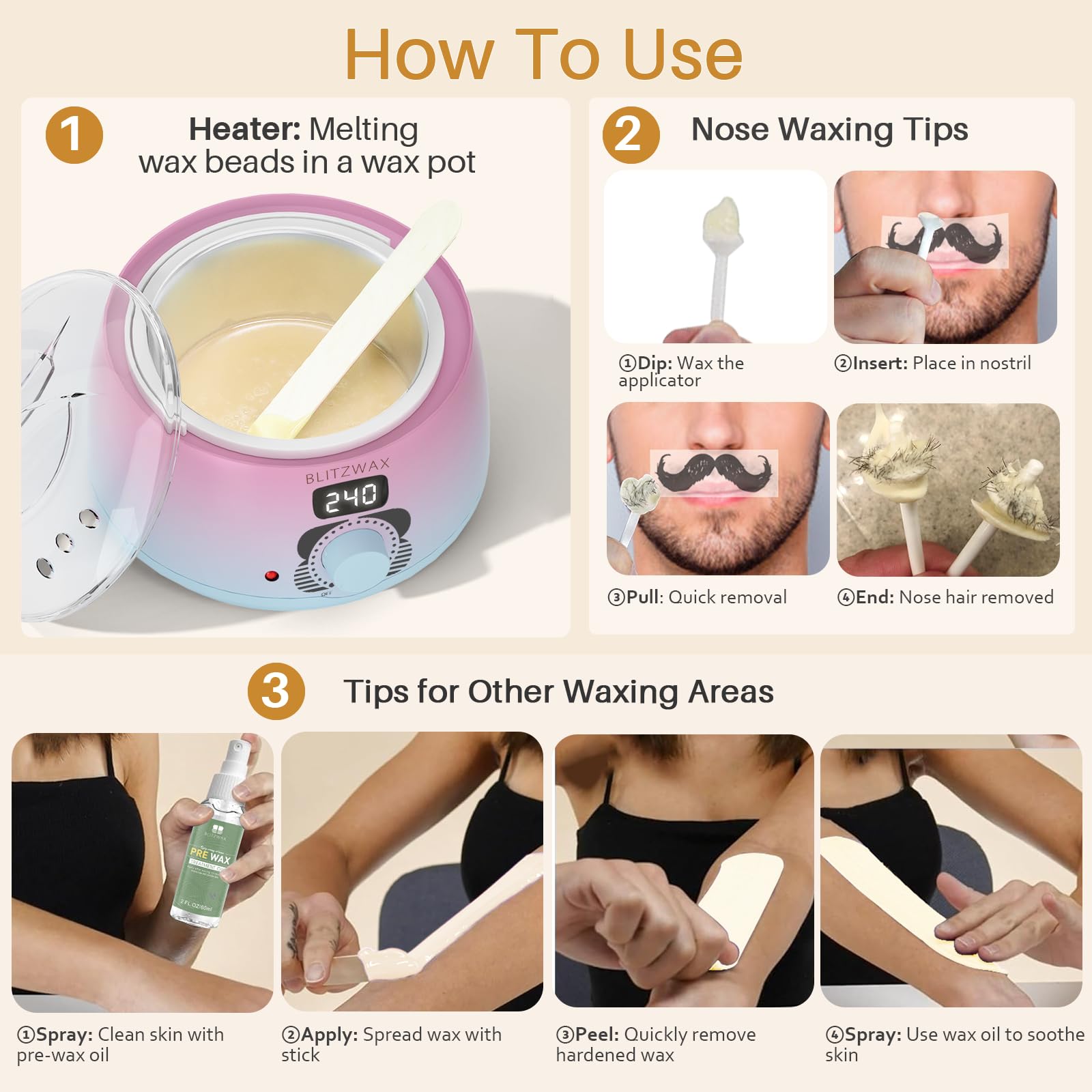 BLITZWAX face and body wax beads provide even melt for comfortable waxing.