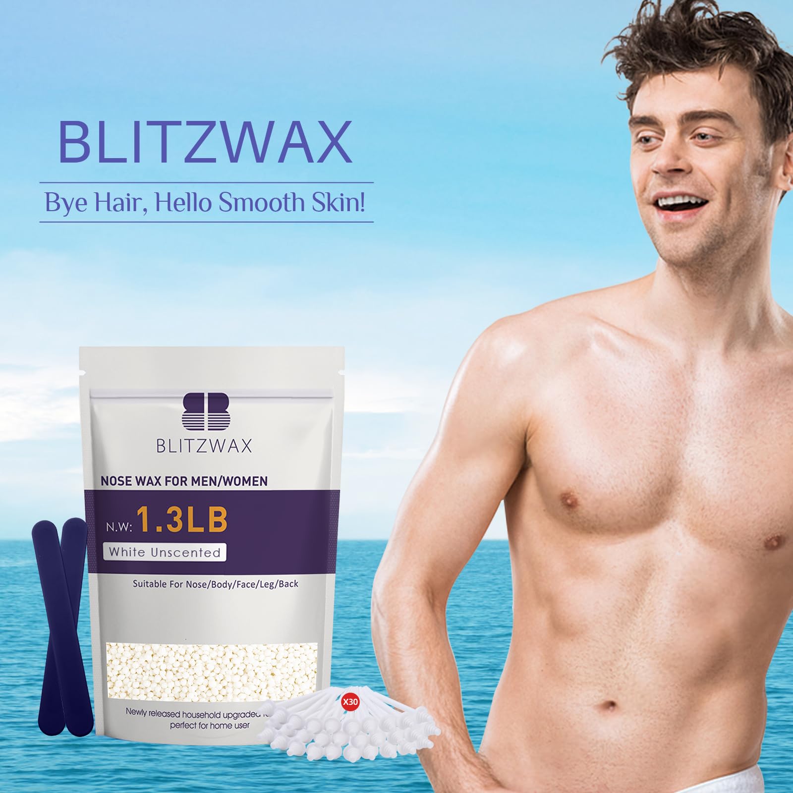 BLITZWAX home waxing kit includes 30 sticks and 1.3 lb beads.