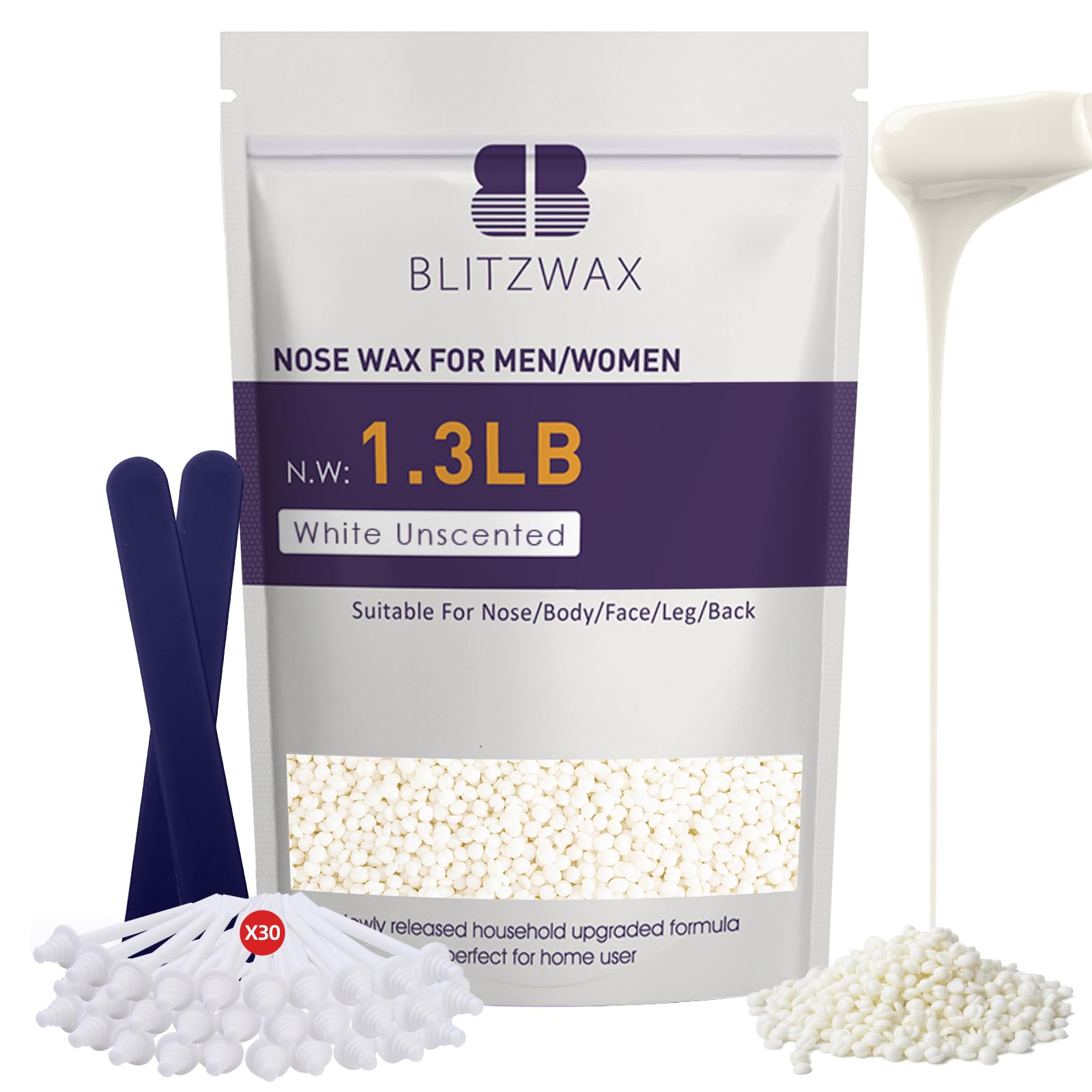BLITZWAX unscented hard wax beads for home use, 1.3 lb, smooth results.
