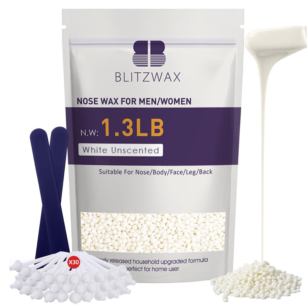 BLITZWAX unscented hard wax beads for home use, 1.3 lb, smooth results.