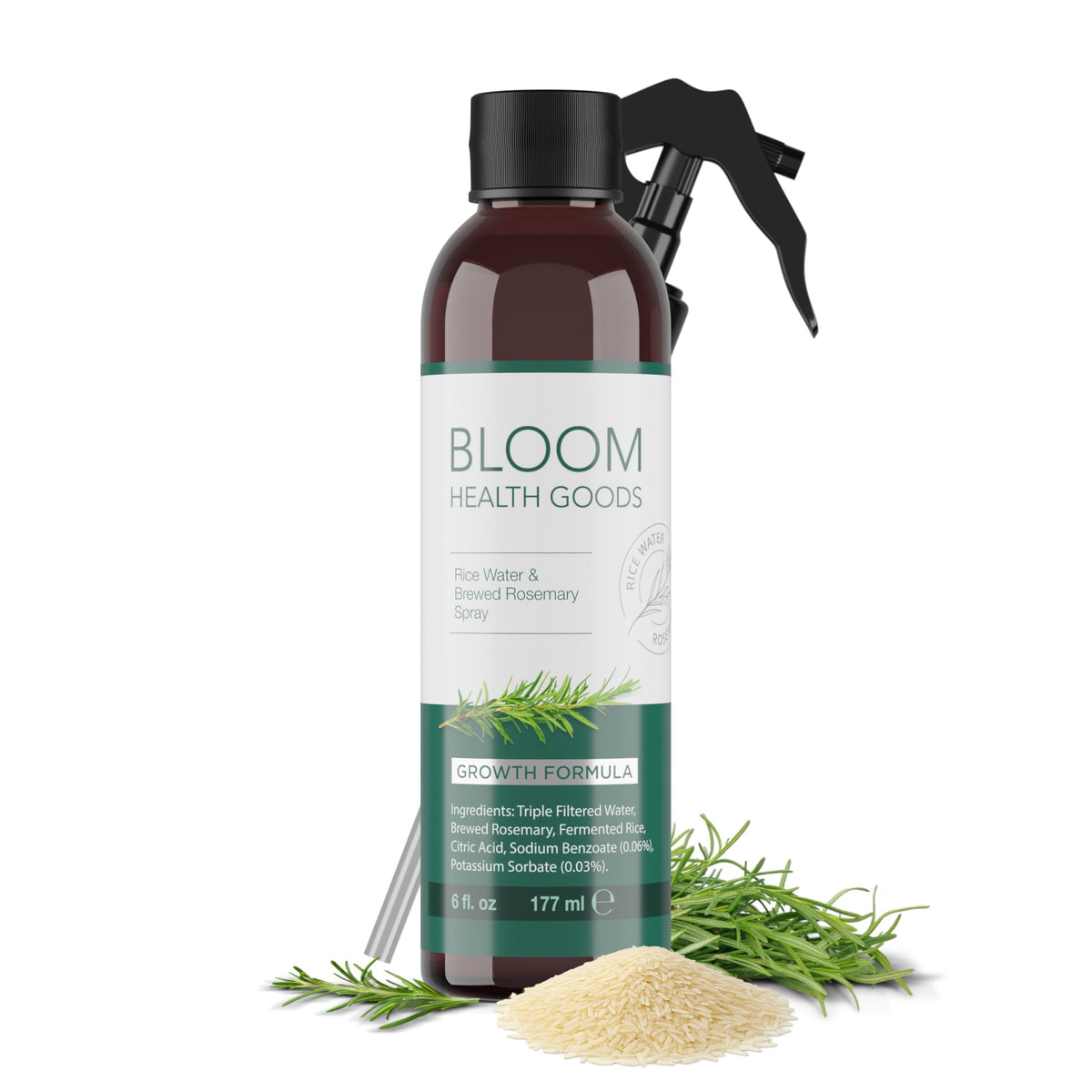BLOOM HEALTH GOODS Rosemary Rice Water Spray bottle ready for daily use on hair.