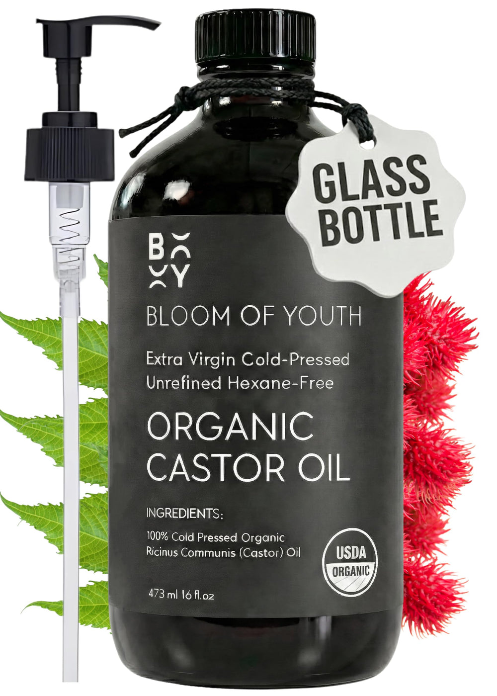 Bloom of Youth castor oil in amber bottle preserves potency for skin and hair.