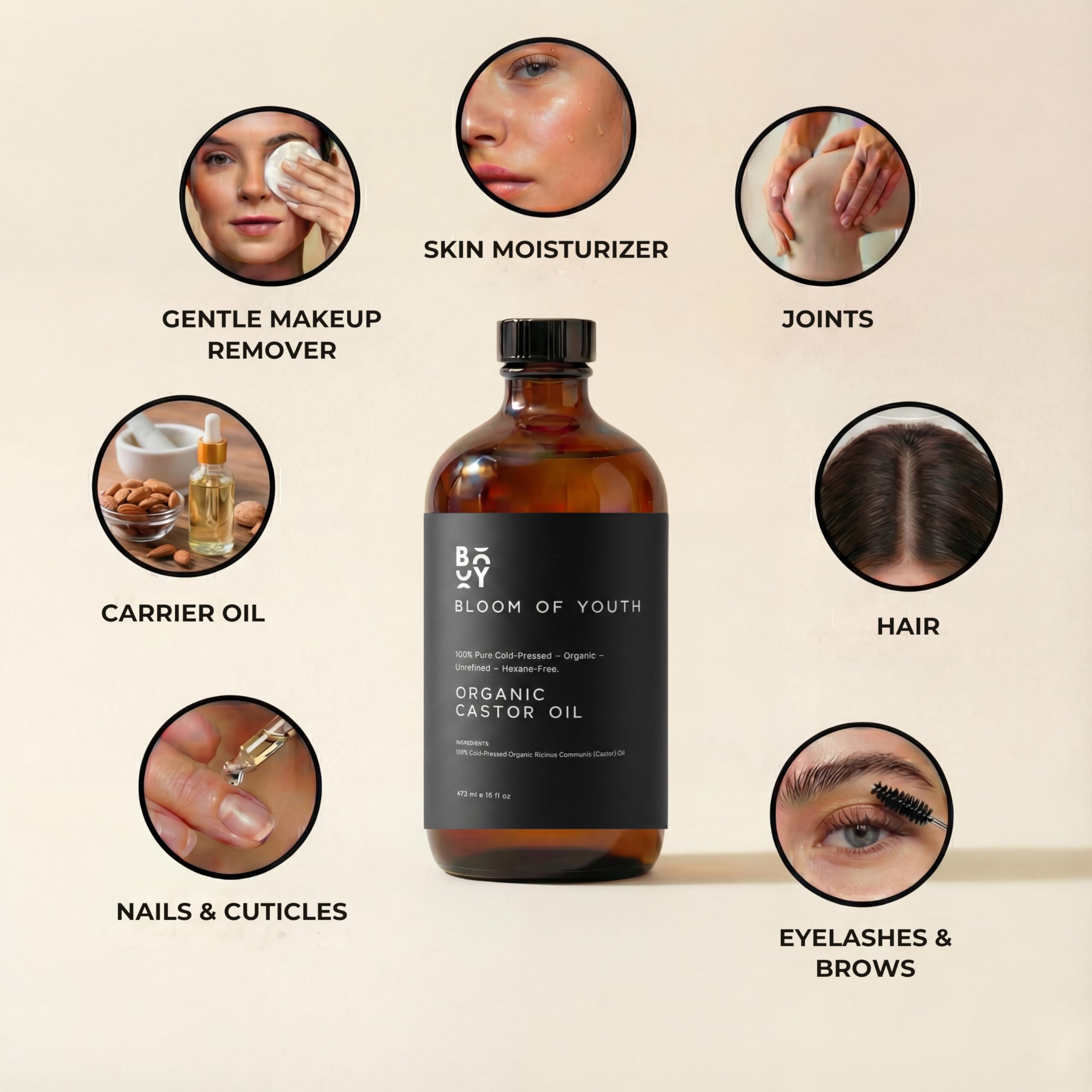 Bloom of Youth cold-pressed castor oil nourishes skin, hair, and nails.