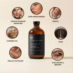 Bloom of Youth cold-pressed castor oil nourishes skin, hair, and nails.