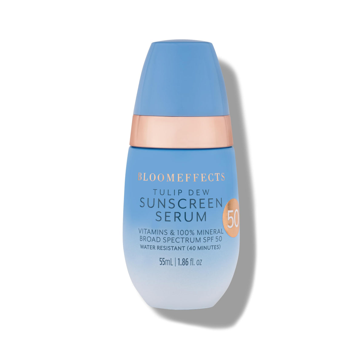 Bloomeffects Tulip Dew Sunscreen bottle front showing mineral SPF 50 protection.