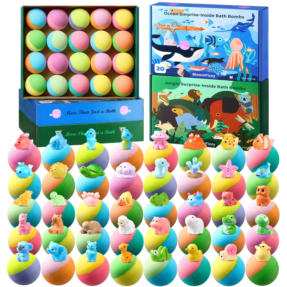 BloomFizzy 40 kids bath bombs boxes highlight ocean and jungle themes for playful baths.