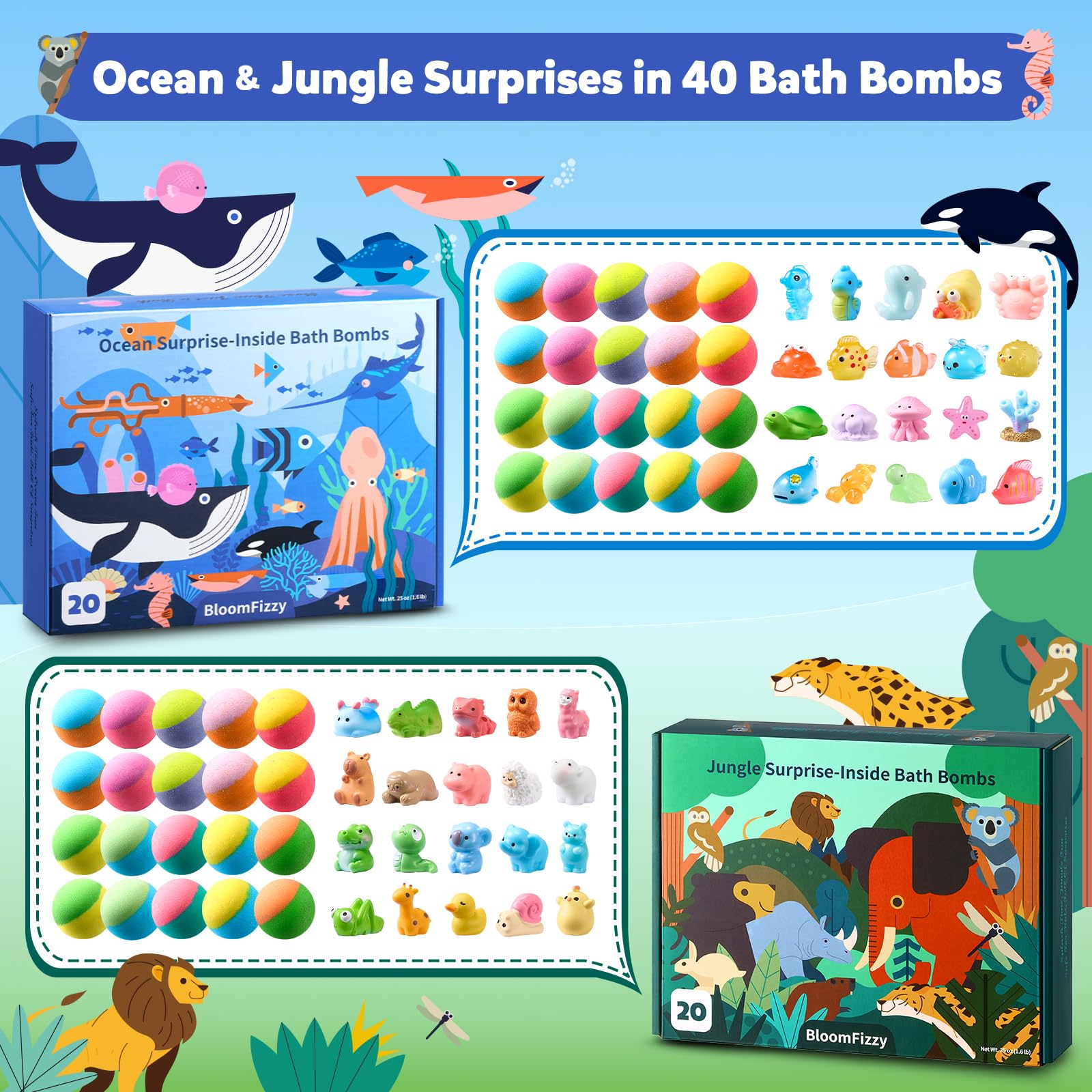 BloomFizzy ocean creatures bath bombs color swirl to spark imagination during bath.
