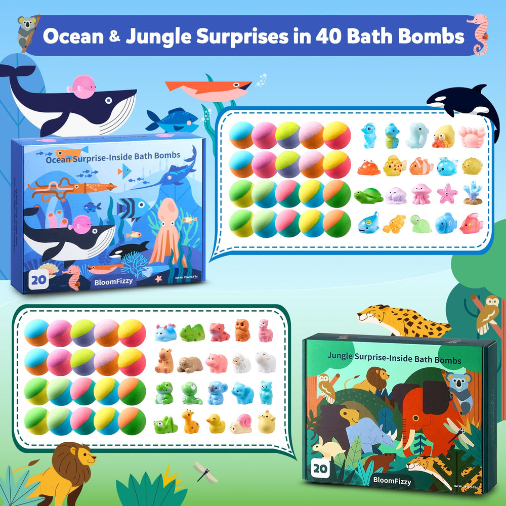 BloomFizzy ocean creatures bath bombs color swirl to spark imagination during bath.