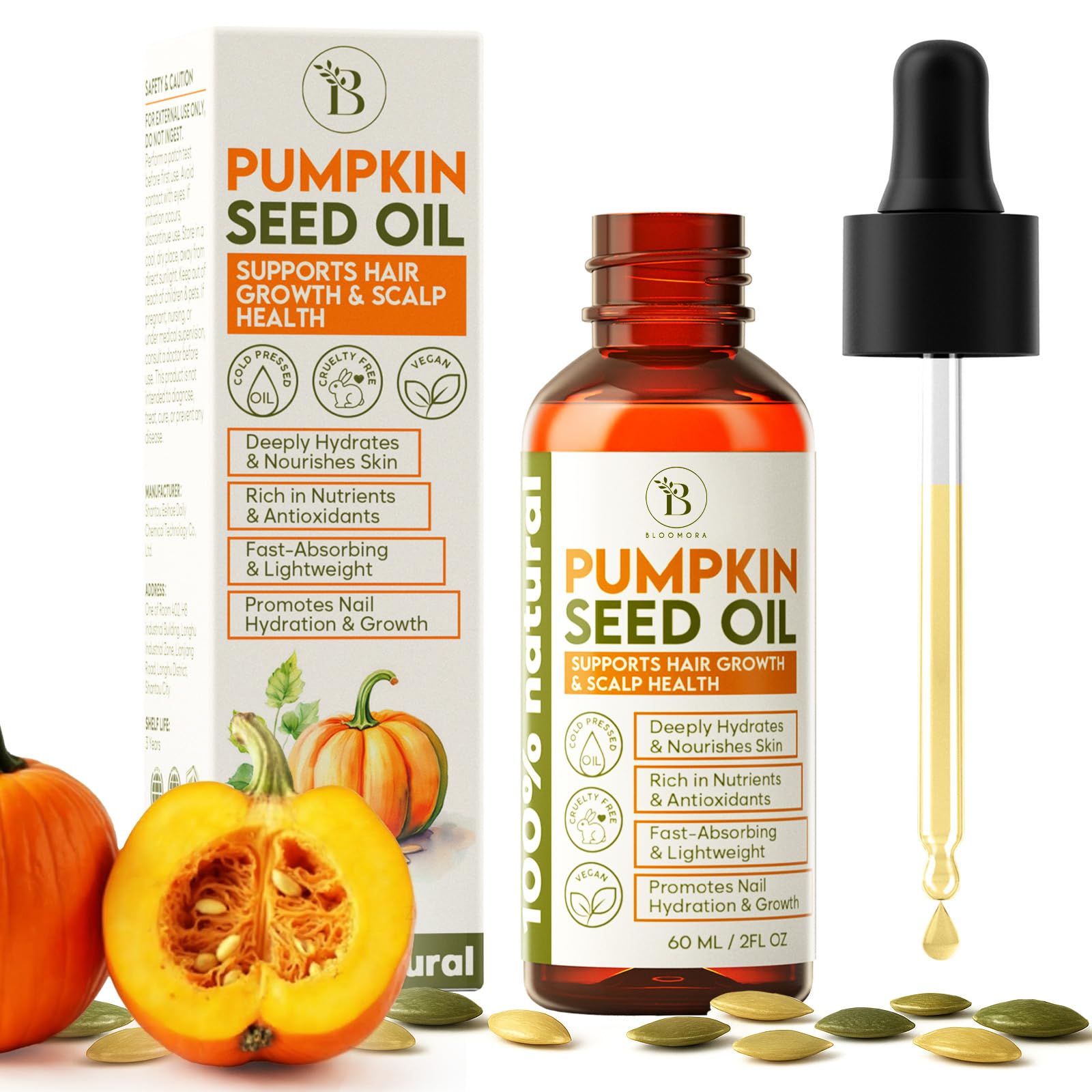BLOOMORA pumpkin seed oil bottle shows pure, cold-pressed formula for hair and skin hydration.