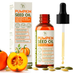 BLOOMORA pumpkin seed oil bottle shows pure, cold-pressed formula for hair and skin hydration.