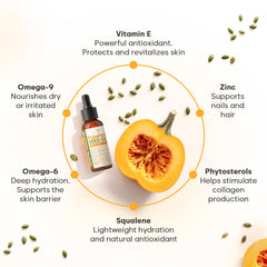 BLOOMORA pumpkin seed oil on hair for shine and smoother strands.