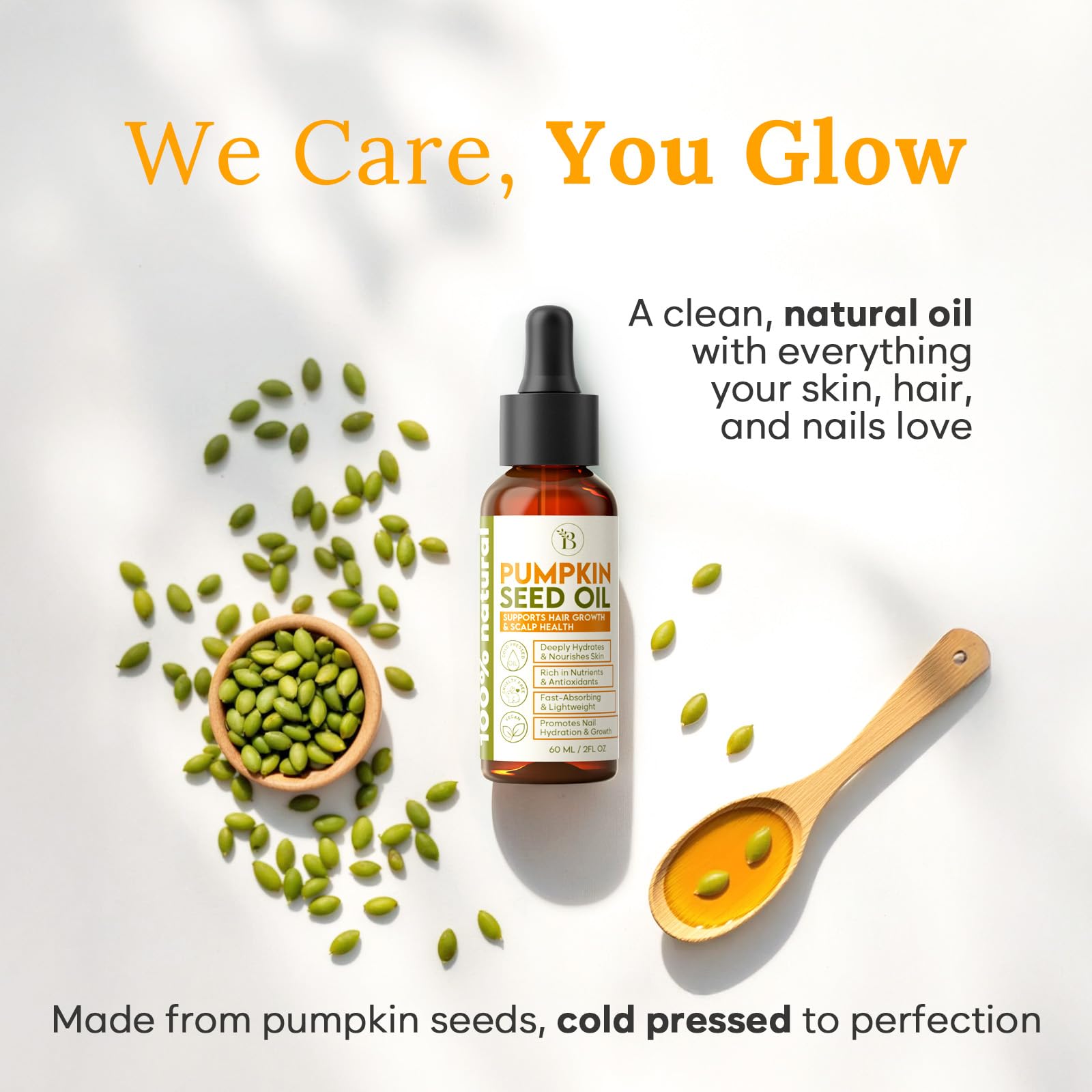 BLOOMORA pumpkin seed oil for nails and cuticles hydration and strength.
