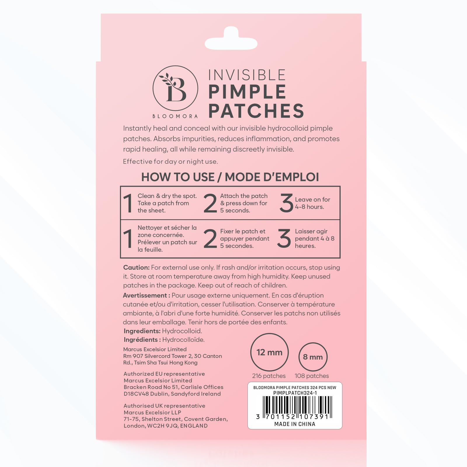 BLOOMORA hydrocolloid patch on skin demonstrating breathable, thin cover for day or night.