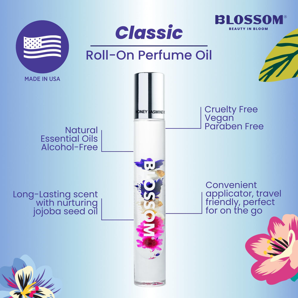 Blossom purse-size roll-on bottle, compact and travel-friendly.