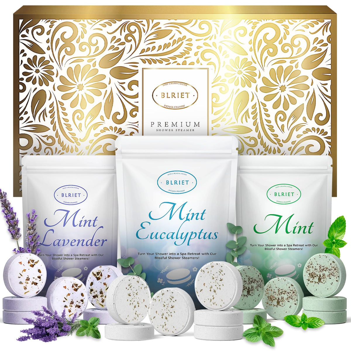 BLRIET 18-pack gift box of shower steamers for spa-at-home gifting