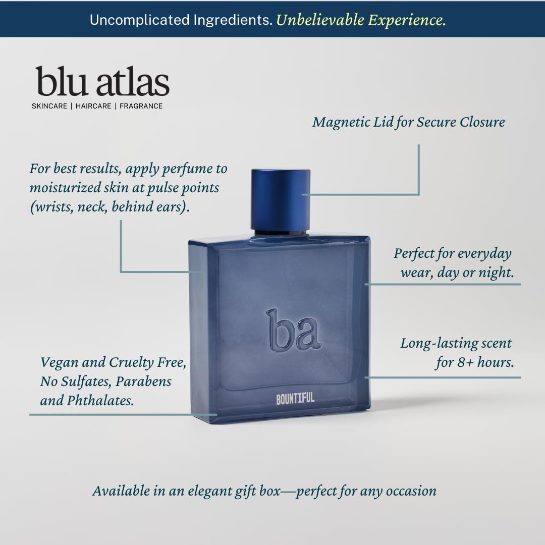 Blu Atlas Bountiful clean formula emphasizing vegan, dye-free assurance.