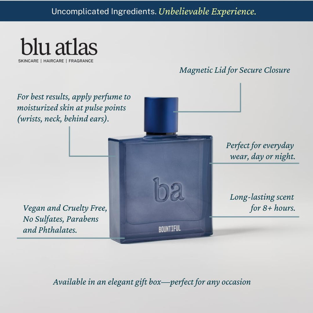 Blu Atlas Bountiful clean formula emphasizing vegan, dye-free assurance.