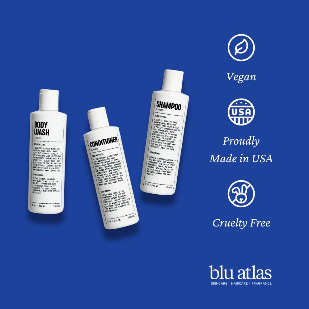 Blu Atlas bottle featuring bergamot-sage-patchouli scent profile for a masculine aroma.