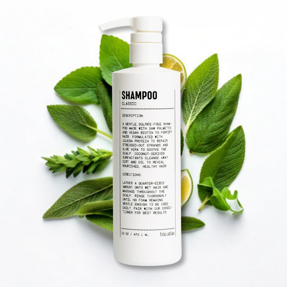 Blu Atlas men's natural shampoo bottle close-up highlighting bergamot scent for daily refresh.