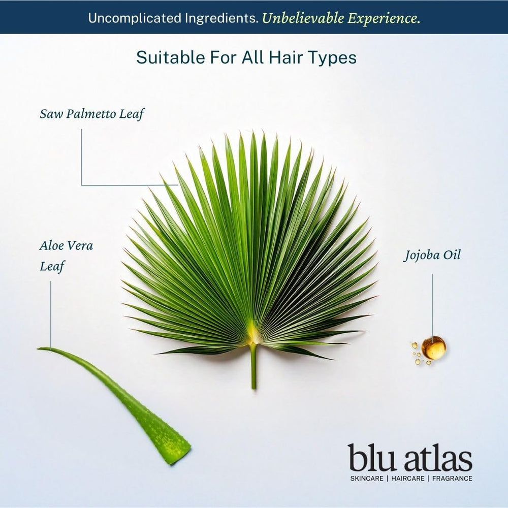 Blu Atlas shampoo with jojoba oil emphasizes scalp nourishment and healthier hair.