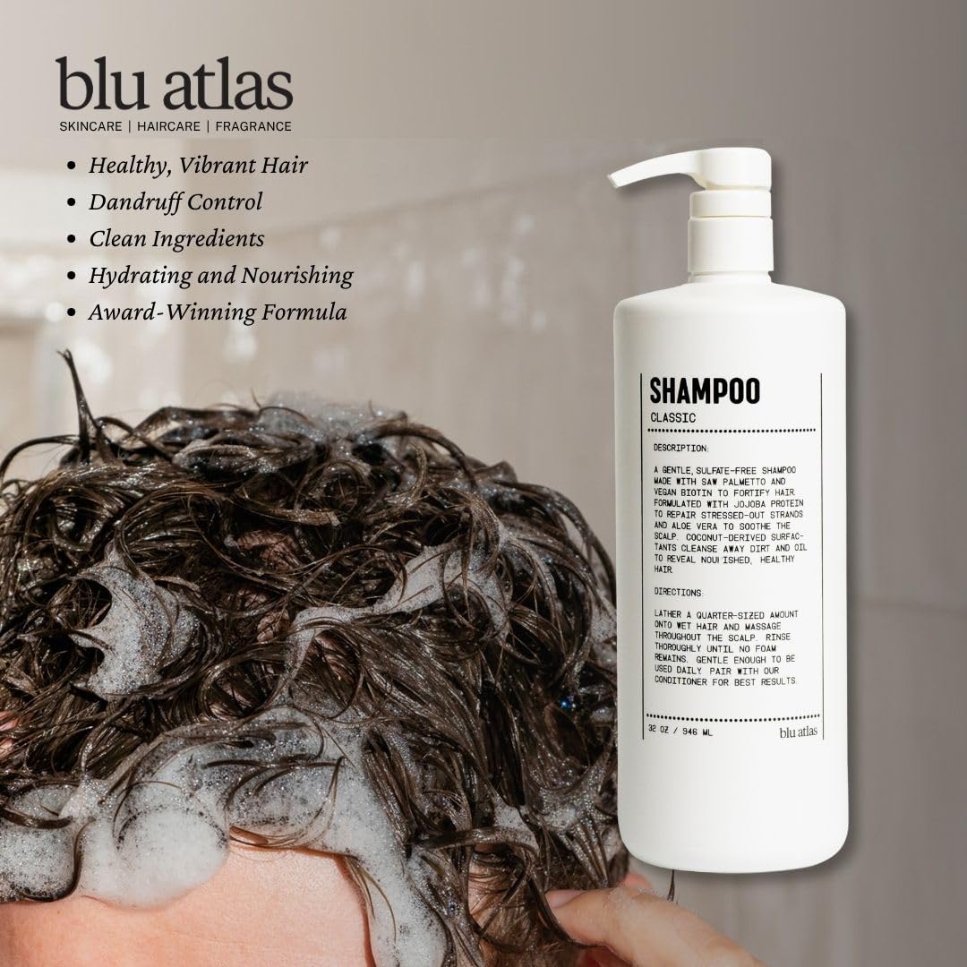 Blu Atlas Men's Shampoo label close-up highlighting natural ingredients for healthy hair.