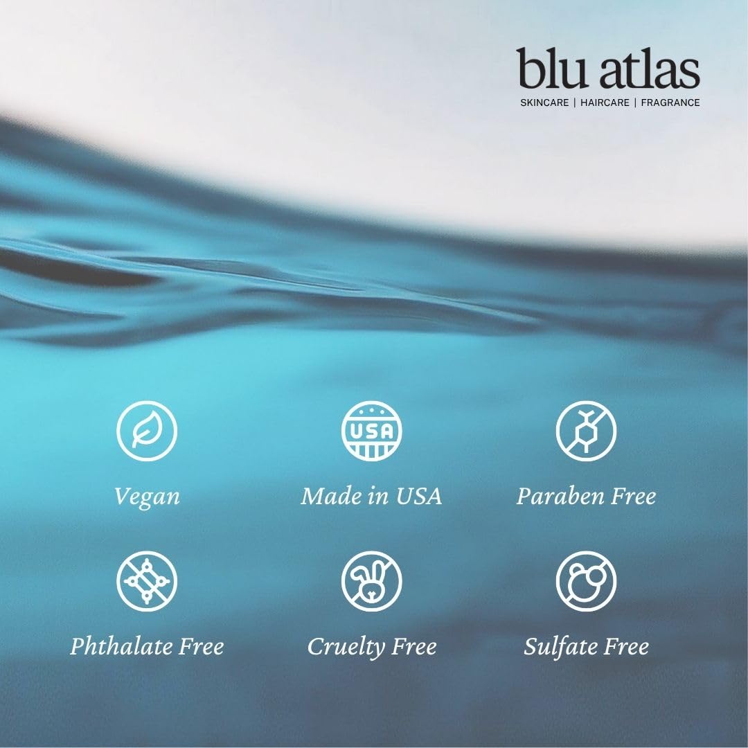 Blu Atlas Men's Shampoo packaging on sink signaling home use and routine.