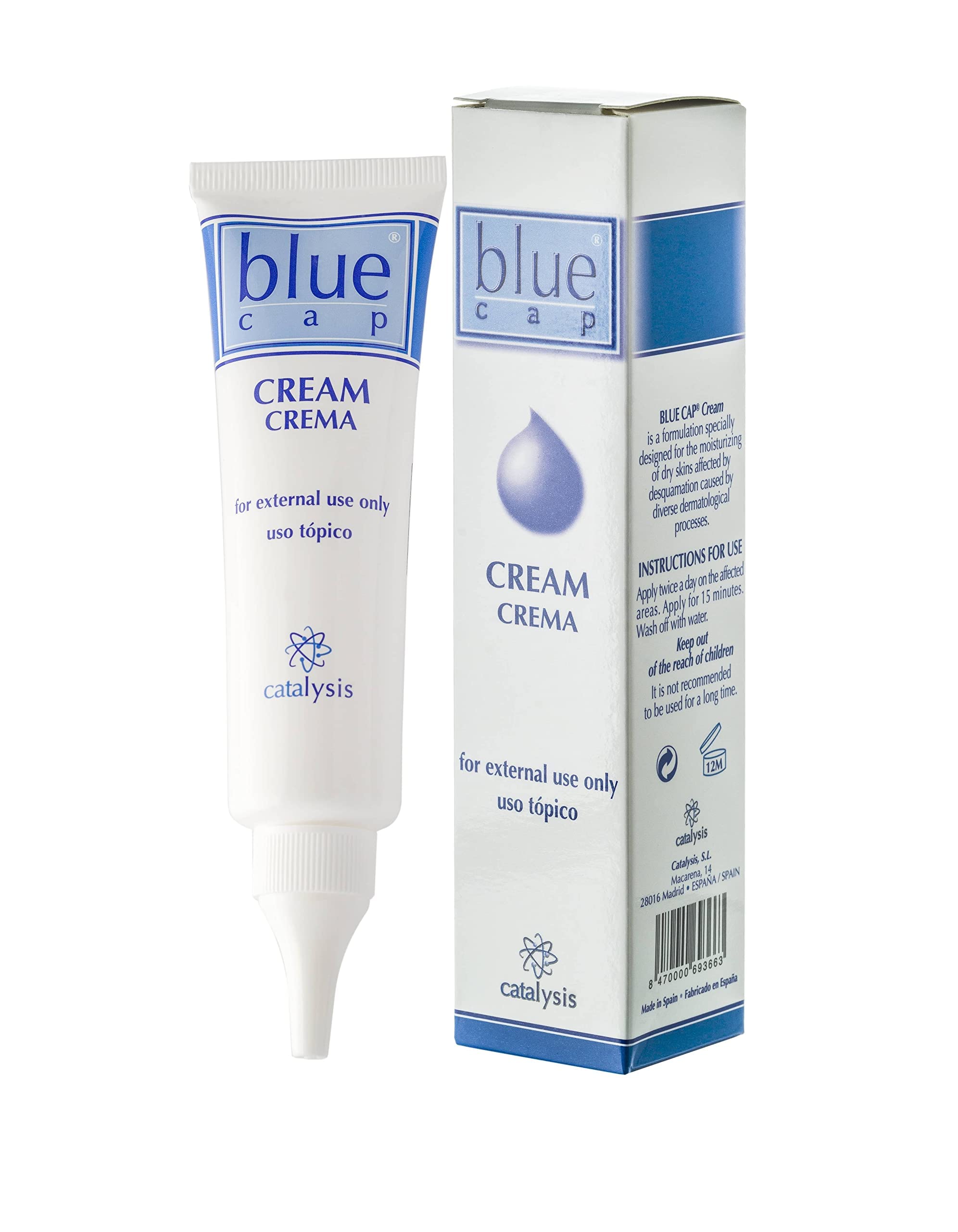 Blue Cap moisturising cream tube being squeezed shows easy application and quick absorption.