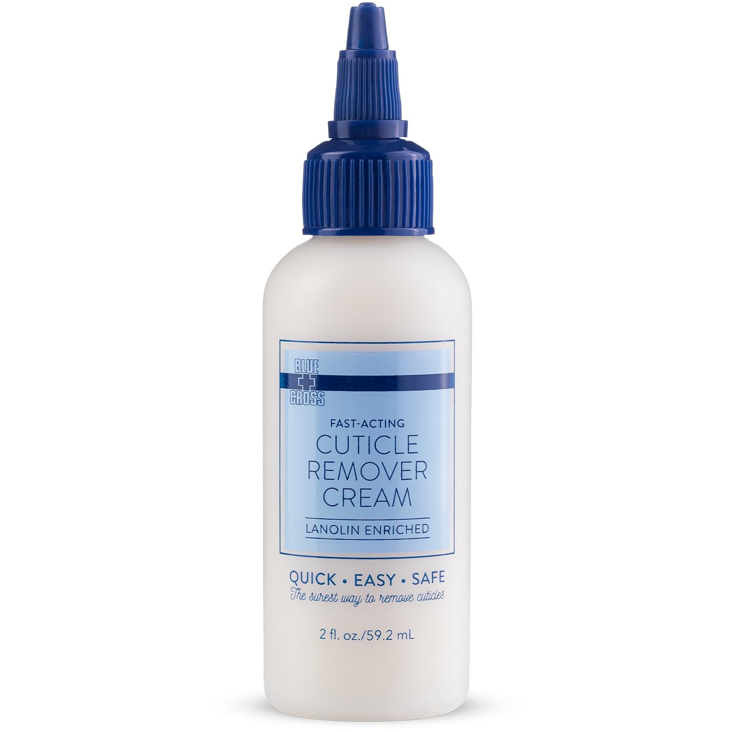 Blue Cross Cuticle Remover Cream tube closeup, quick softening for smooth cuticles.