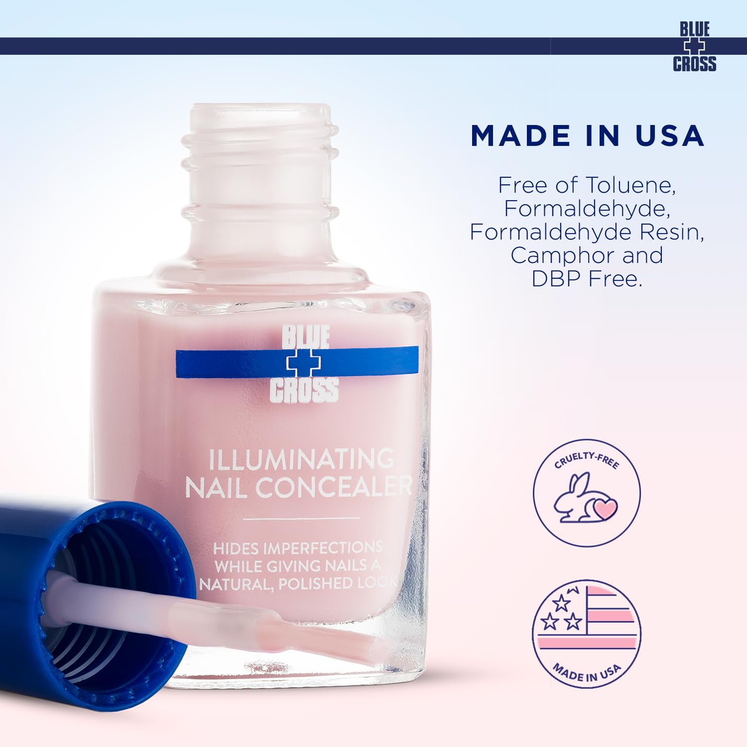 Blue Cross Illuminating Nail Concealer brush closeup showing precise basecoat application