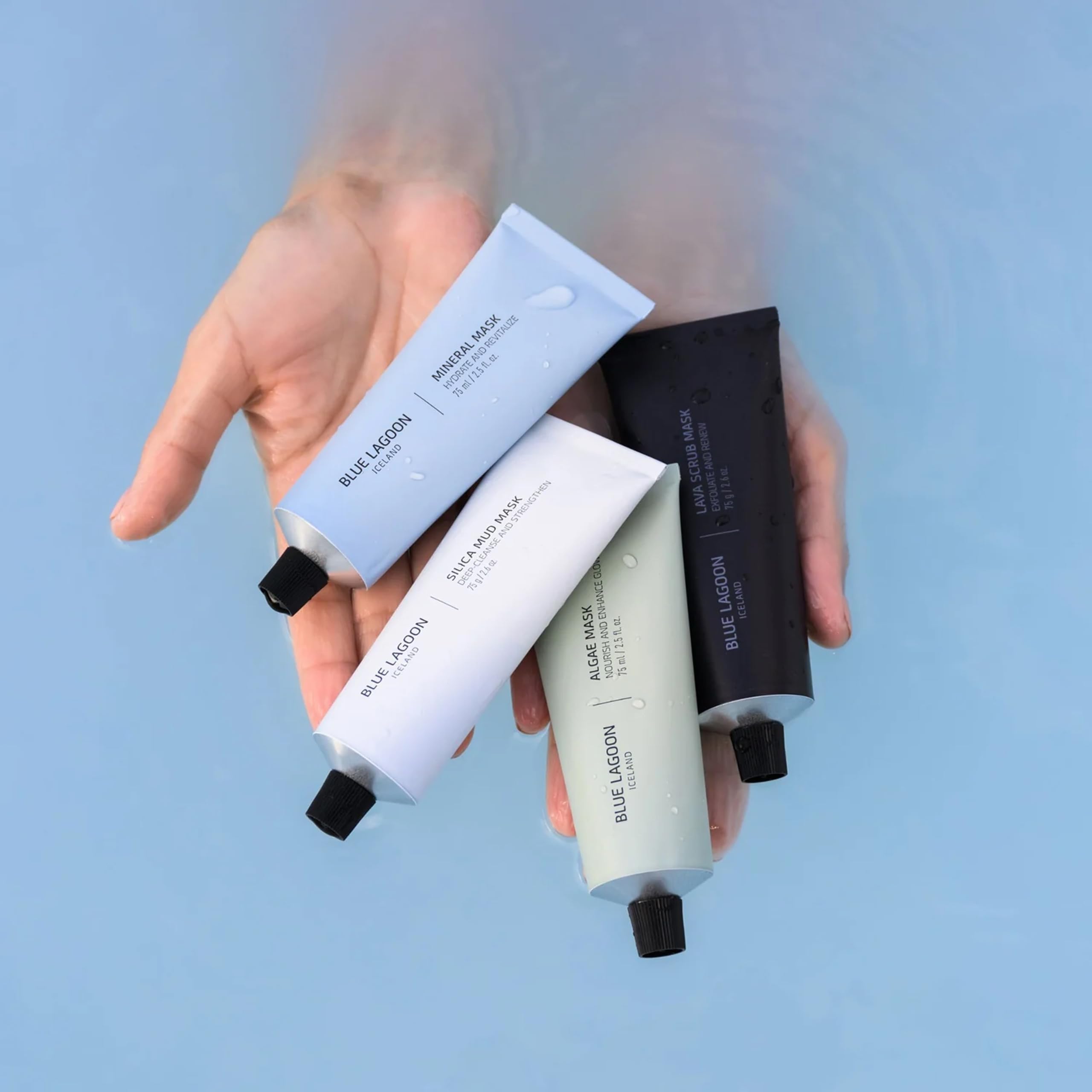 Blue Lagoon brand logo closeup reinforces trusted cruelty-free Icelandic skincare.