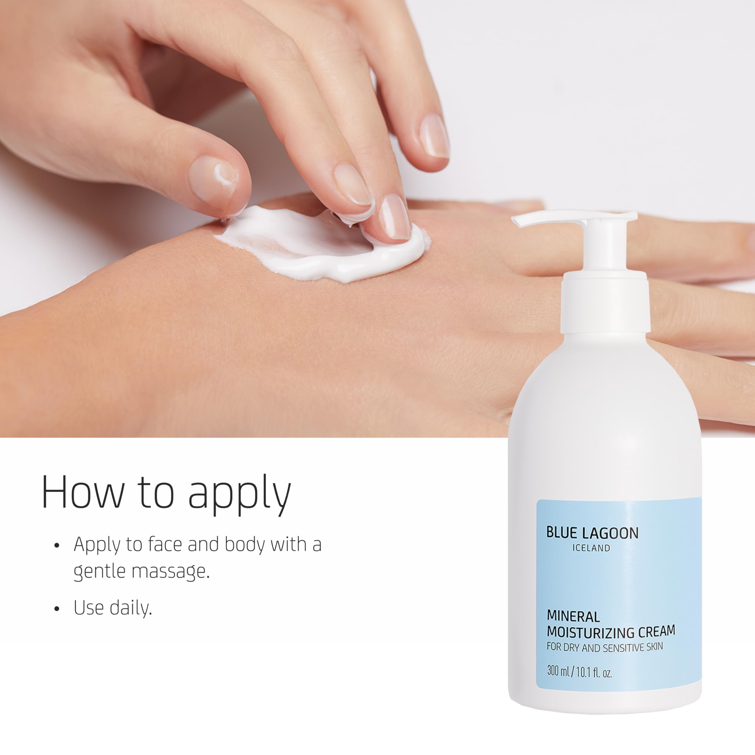 Blue Lagoon moisturizing cream being applied to dry skin for daily relief.