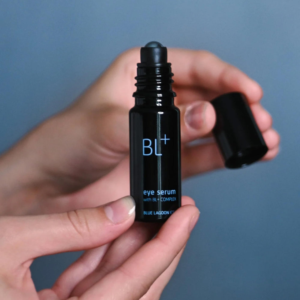 Blue Lagoon Eye Serum packaging on vanity for daily routine