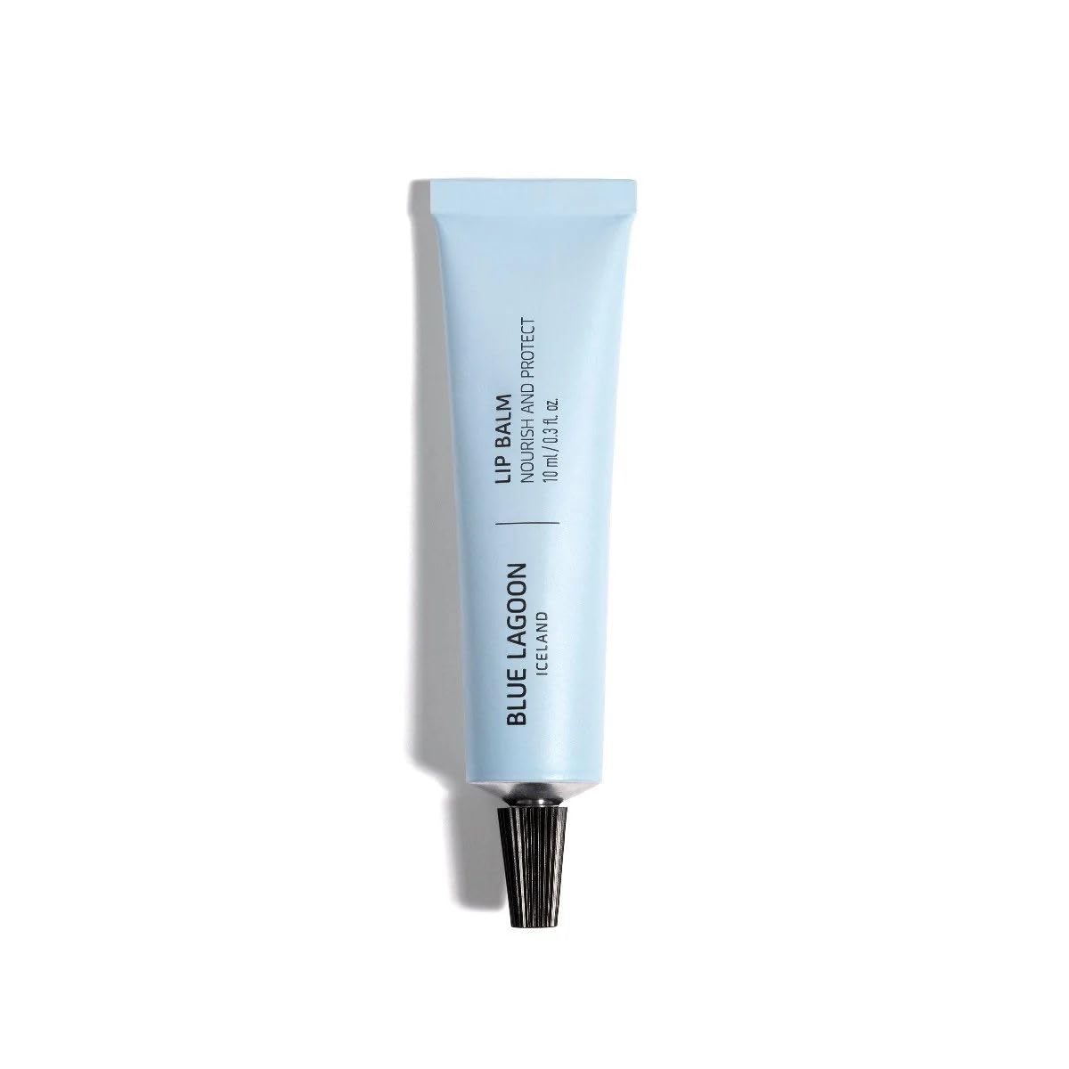 Blue Lagoon lip balm packaging shows sustainable vegan formula for daily hydration.
