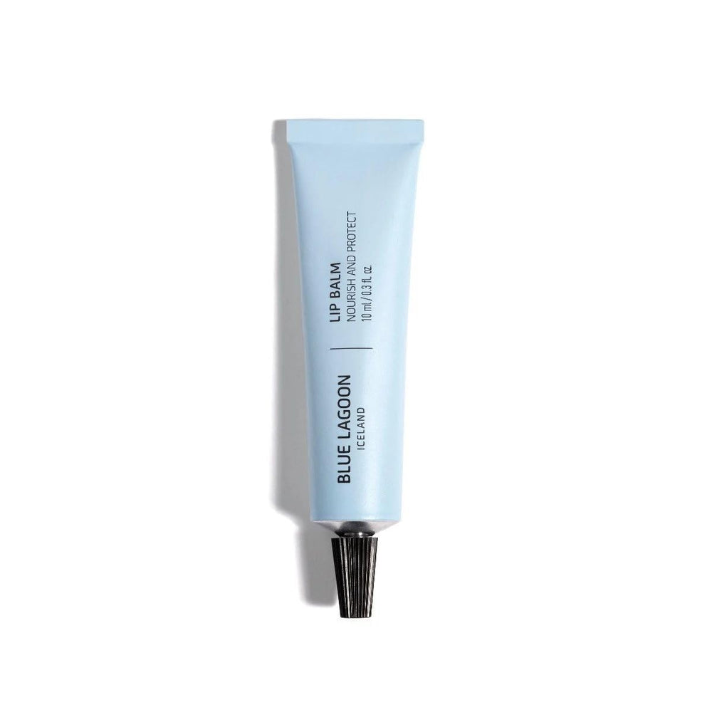 Blue Lagoon lip balm packaging shows sustainable vegan formula for daily hydration.