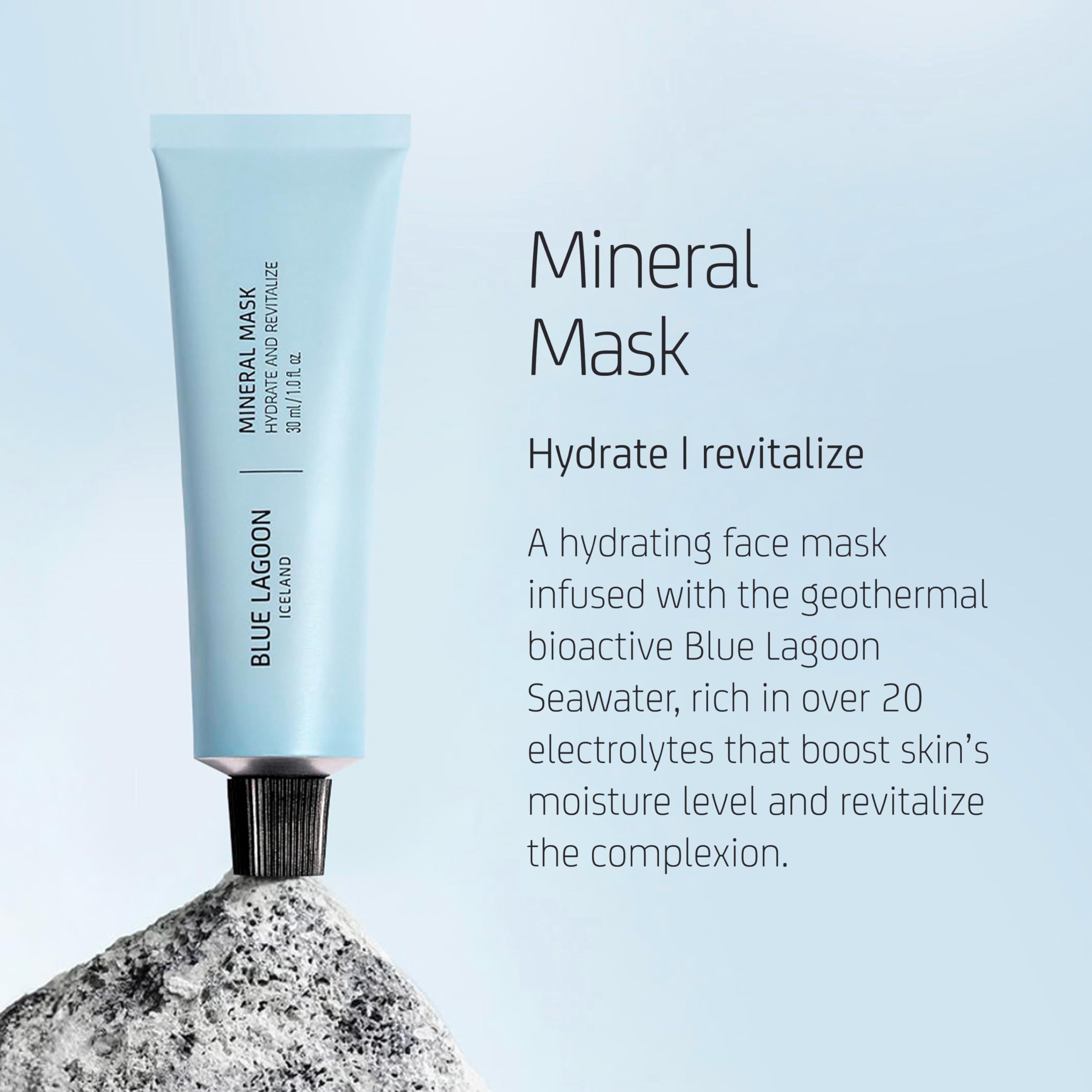 Blue Lagoon seawater mineral illustration shows revitalizing benefits for a balanced skin barrier.